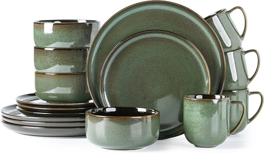 Ceramic Dinnerware Sets for 4,16-PieceReactive Glaze Plates and Bowls Set with Mugs,Highly Chip and Crack Resistant | Dishwasher