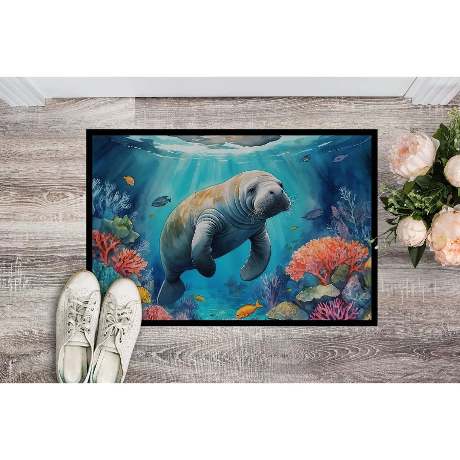 Manatee and Coral Reefs Doormat Front Door Mat Indoor Outdoor Rugs for Entryway Non Slip Washable Low Pile 24H X 36W