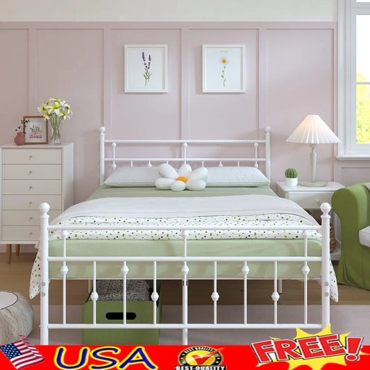 Full Size Metal Platform Bed Frame with Vintage Headboard Footboard 14 Inch Under Bed Storage Easy Assembly 700lbs Capacity