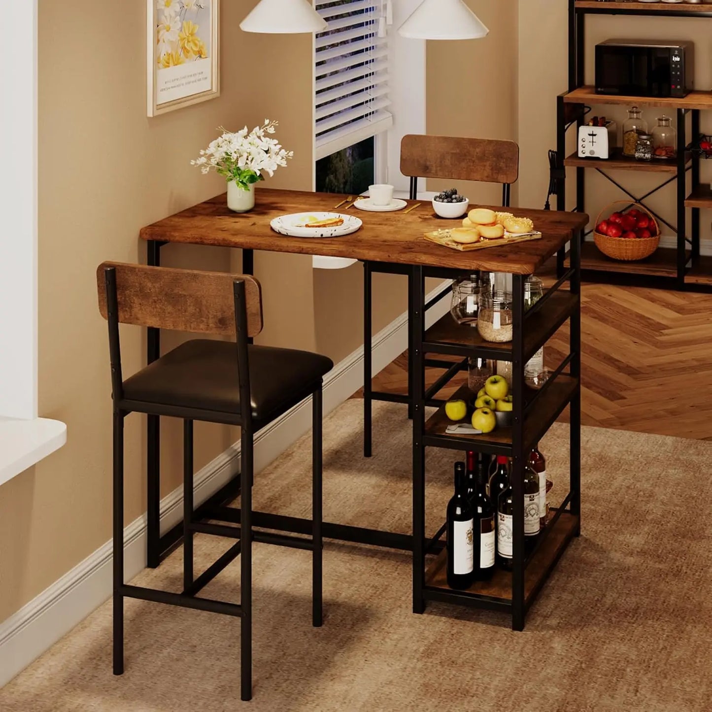 3-Piece Bar Table and Chairs Set with 3 Tier Storage Shelves, Dining Table Set for 2 with PU Cushion Bar Chairs & & MDF Board To