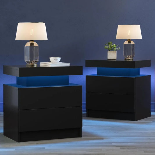 Modern Black LED Nightstand Set of Two for Bedroom