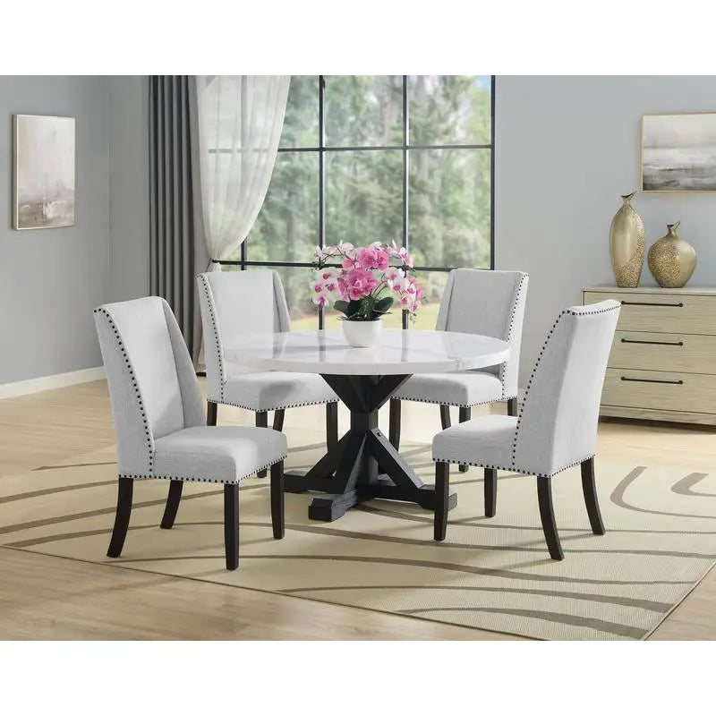 Contemporary 5pc Dining Set with White Marble Round Table, Dove Gray Upholstered Wingback Chairs, Black Solid Wood Finish for