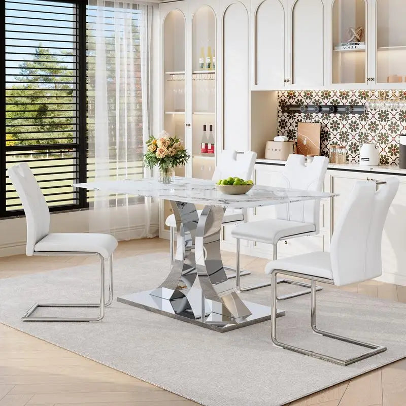 Modern 63-inch Dining Table Set with 4 Upholstered Chairs, White Glass Top & Adjustable Stainless Steel Base, Convertible for