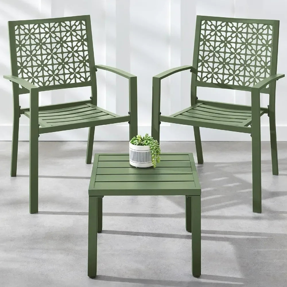 3-Piece Outdoor Bistro Set, Stackable Modern Steel Furniture for Porch, Garden w/ 2 Chairs, Table, Geometric Decor