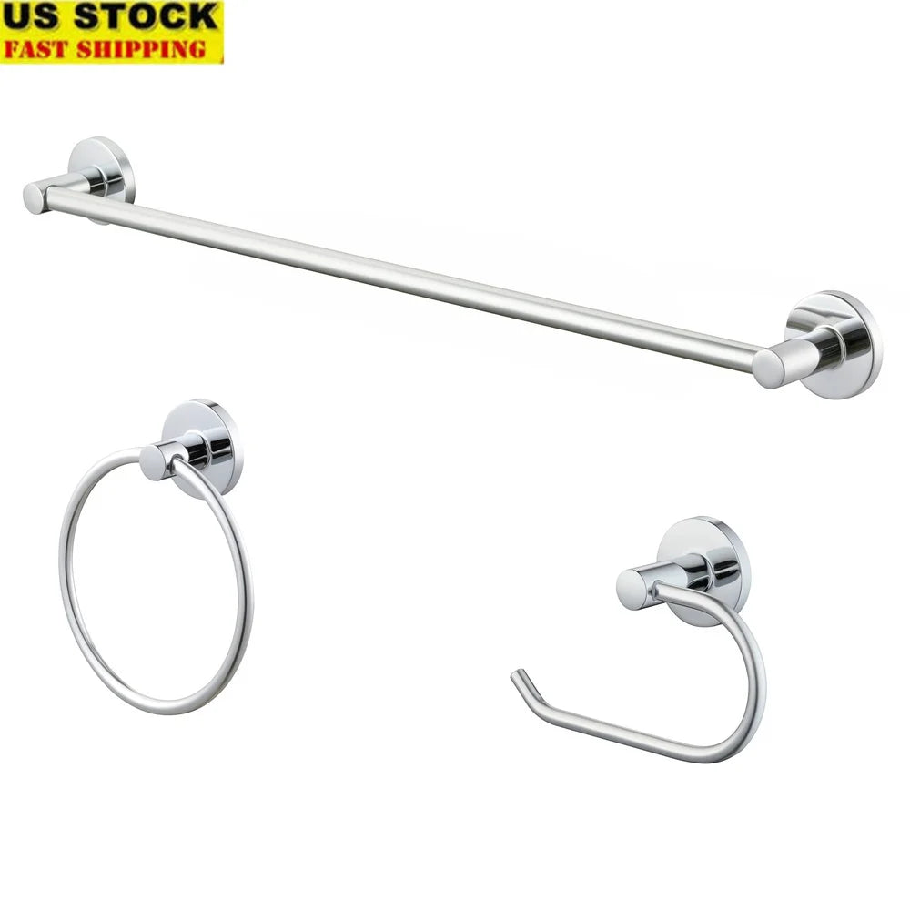 Modern Round 3-Piece Bath Accessory Set Towel Bar Towel Ring Toilet Paper Holder Chrome Durable Metal Easy Install