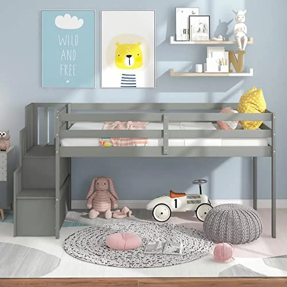 Twin Loft Bed with Storage Steps Sturdy Staircase Grey Spacious Underbed Space Easy Assembly Modern Design 250lb Capacity