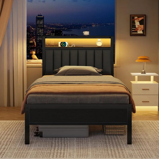 LED Twin Size Bed Frame with Charging Station and  2-Tier Storage Shelves, Platform Bed with Metal Slats, No Box Spring Needed