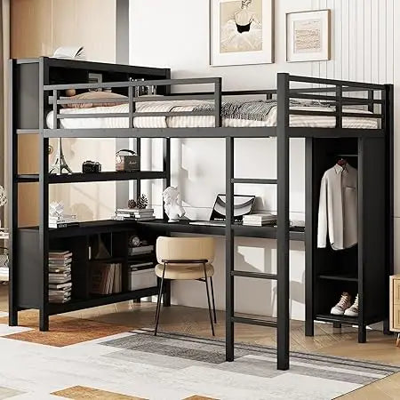 JYH Full Size Loft Bed for Teens and Adults, Metal Loft Bed with Wardrobe and L-Shaped Desk, Heavy Duty Full Bed with Storage Cu