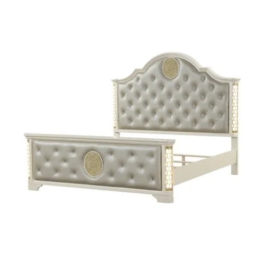 Queen Size 5 Piece LED Vanity Bedroom Set In Beige Wood