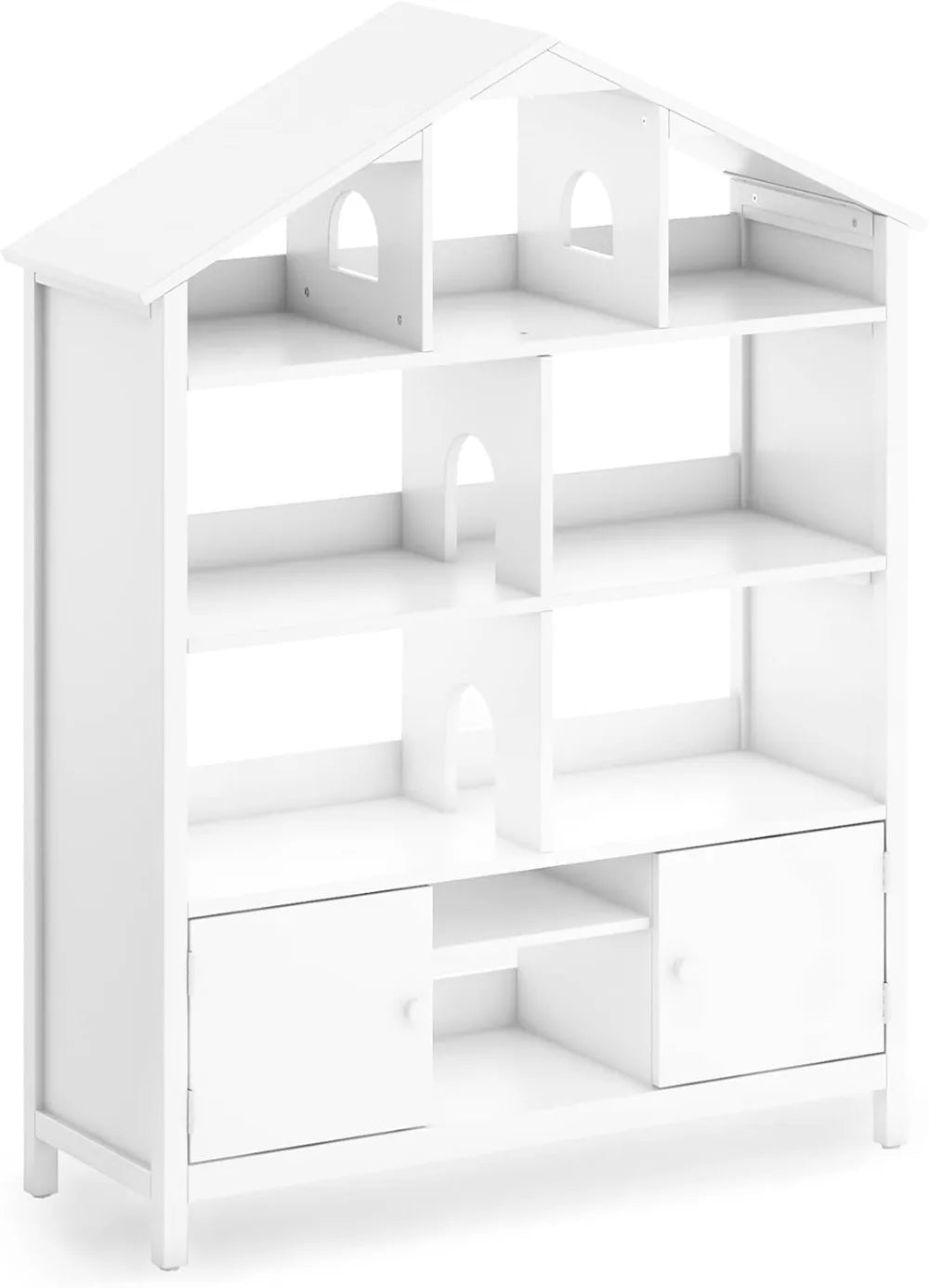 Kids Jr. Dollhouse Bookcase - Creamy White: Wooden Organizer Shelves with Two Storage Compartments for Books, Dolls