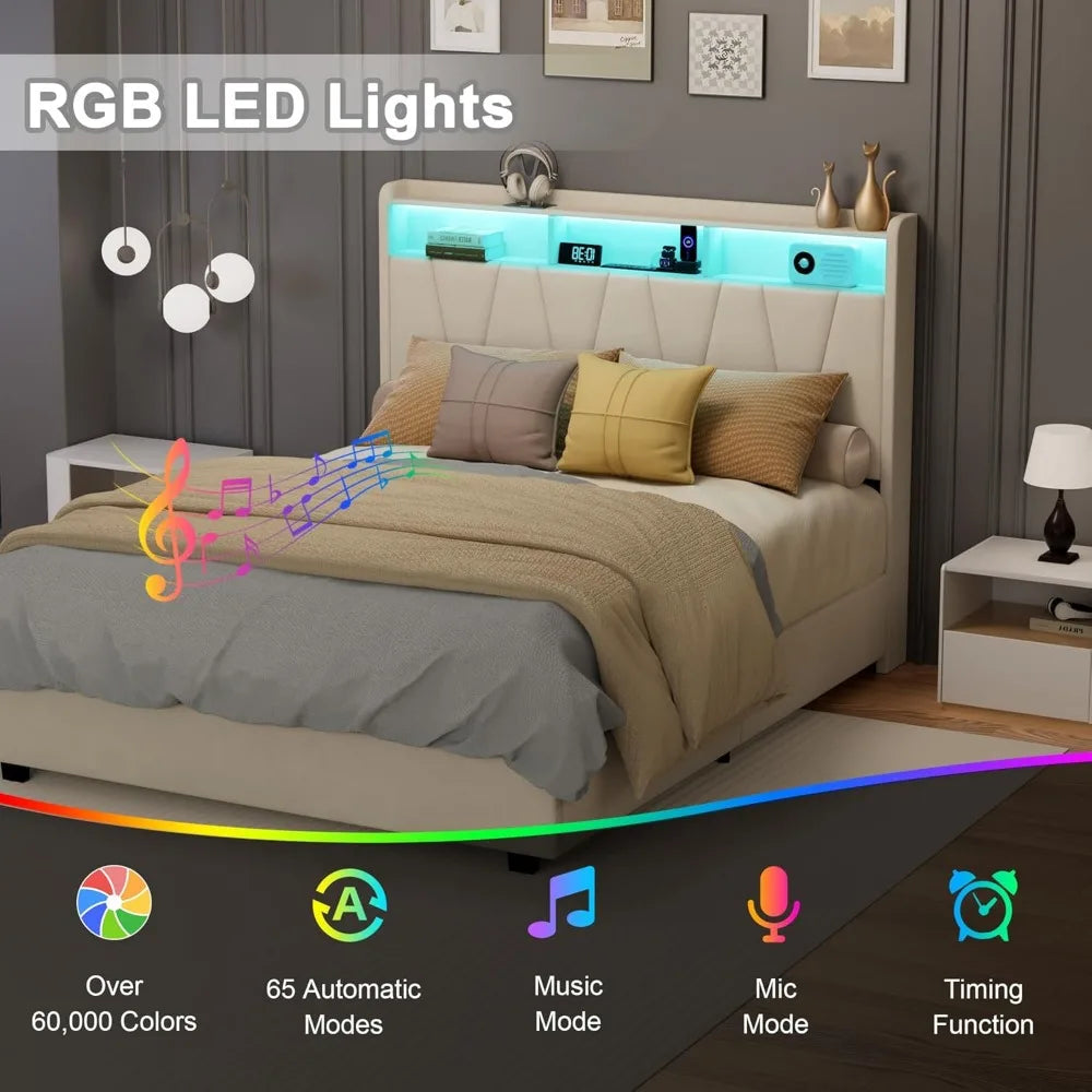Full Size Bed Frame, Velvet Upholstered LED Platform Bed with Headboard Storage, Bed Frame Full Built-in Charging Station with 4