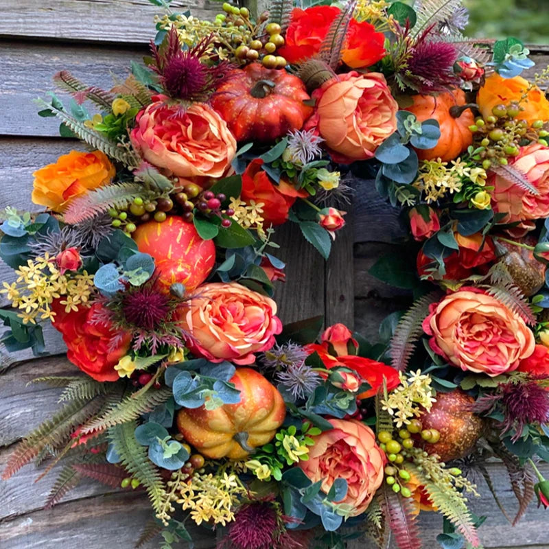 Peony Pumpkin Wreath Decorative Artificial Autumn Garland Festival Theme Front Door Wreath Farmhouse Party Decoration