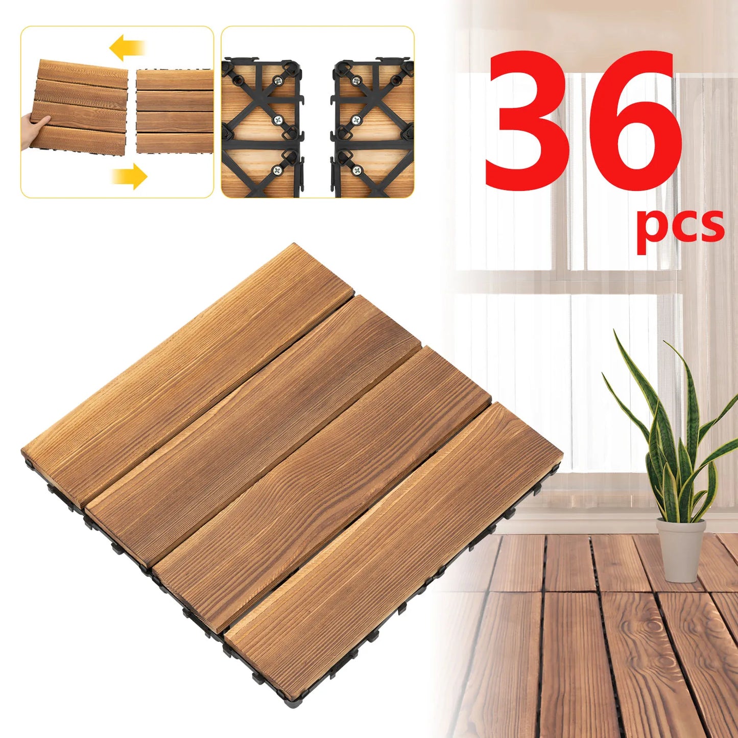 36ft²/ 3.24㎡ Outdoor Hardwood Flooring Tiles Interlock Edge Waterproof for Patio, Each Tile 12"/30cm*30cm, 36 Pack - Brown