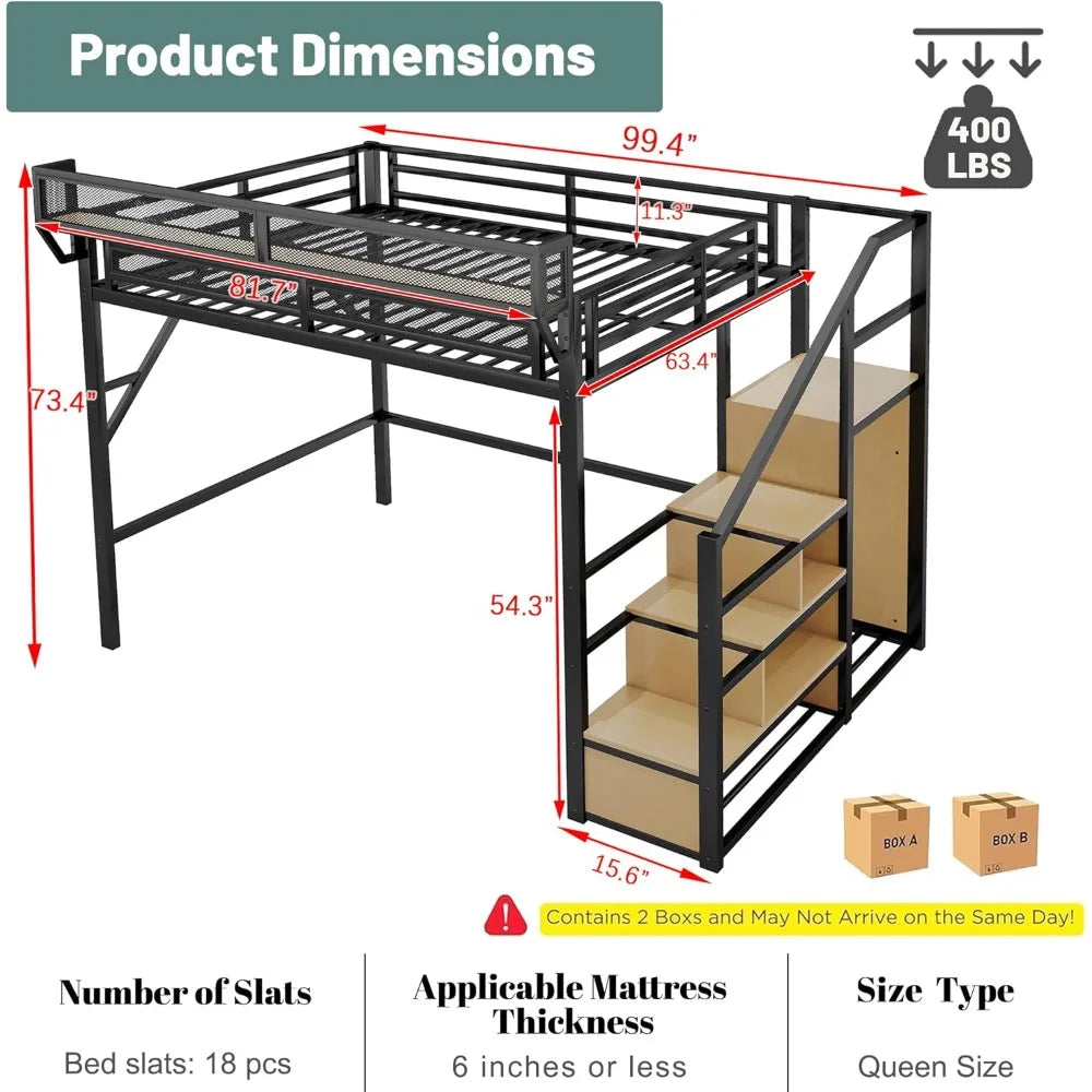Queen Loft Bed with Stairs, Metal Loft Beds Queen Size with Storage Shelves, Adults Loft Bed with Wardrobe