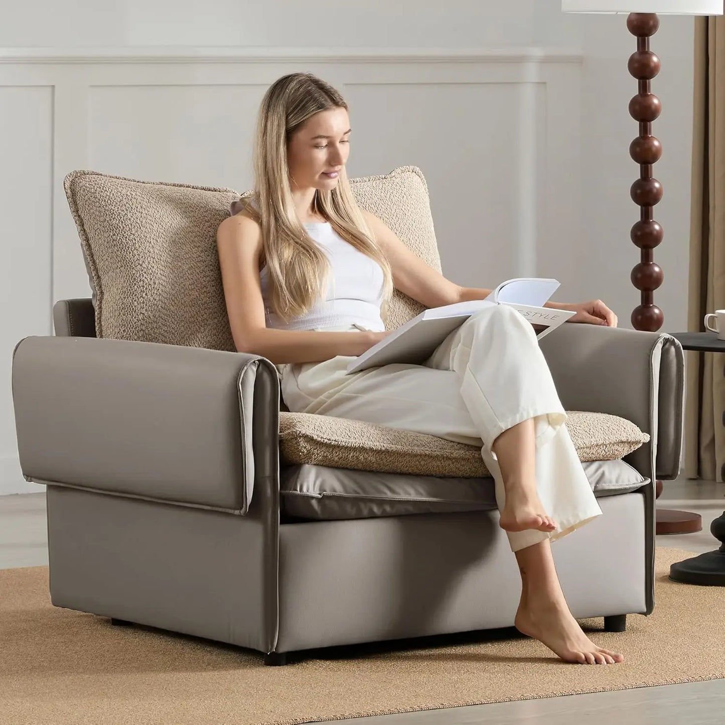 Oversized Armchair Accent Chair Reading Chair with 4 Cushions,Single Sofa Lounge Living Room Chair with Feather and Doll-Cotton