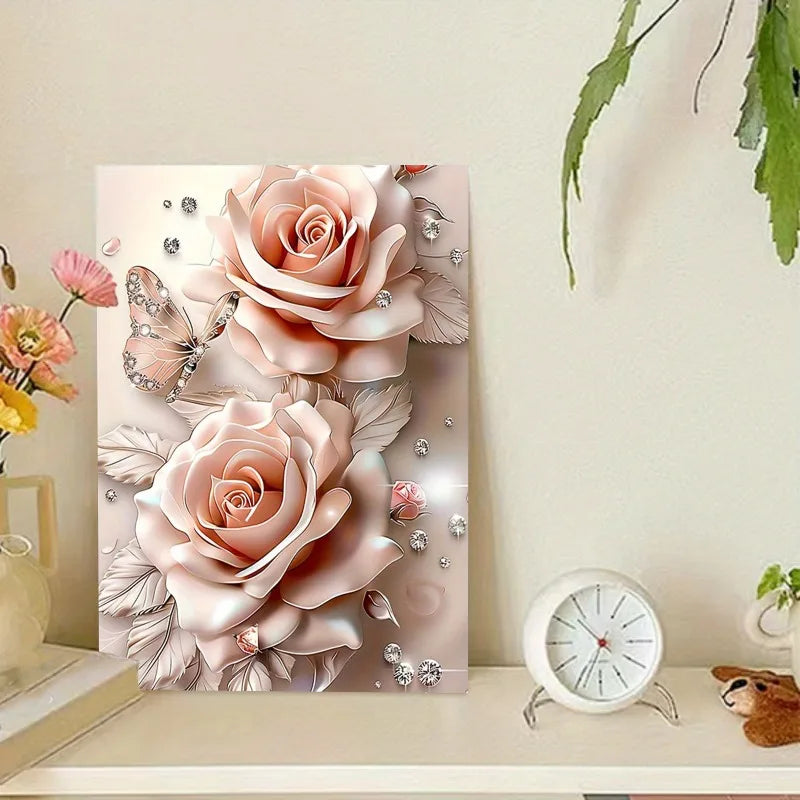 Dream Pink Rose Butterfly Diamond Canvas Wall Art Framed