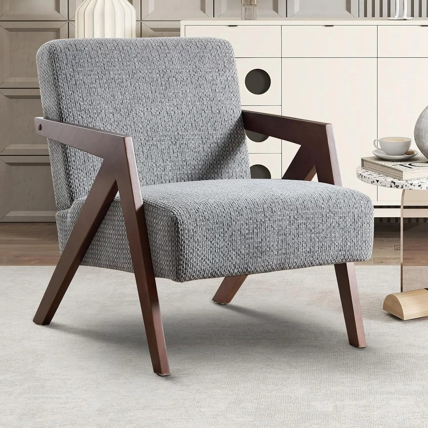 Mid Century Modern Chair with Wood Frame, Upholstered Armchair with Waist Cushion, Accent Chair for Living Room Bedroom Ap