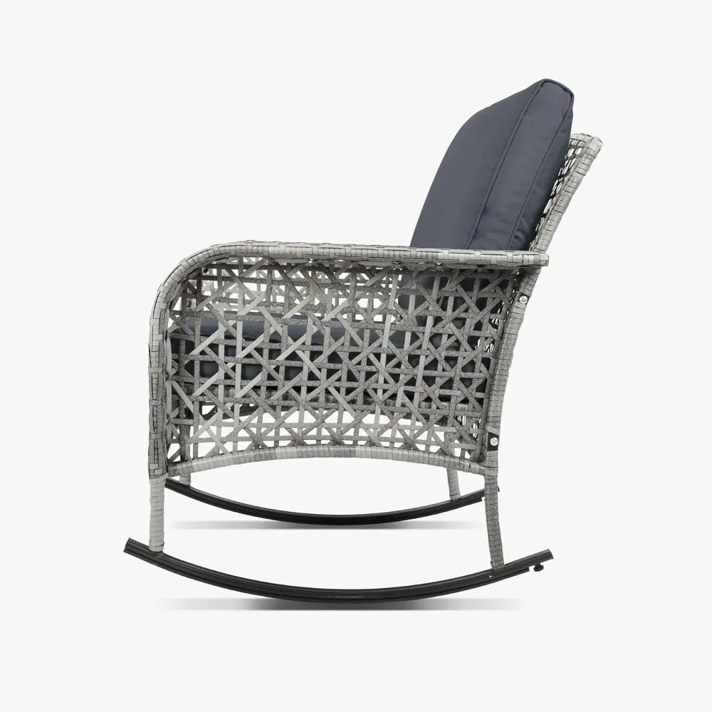 3-Piece Outdoor Furniture Set, Patio Conversation Chair, Wicker Cushioned Patio Rocker with Side Table for Porch, Garde