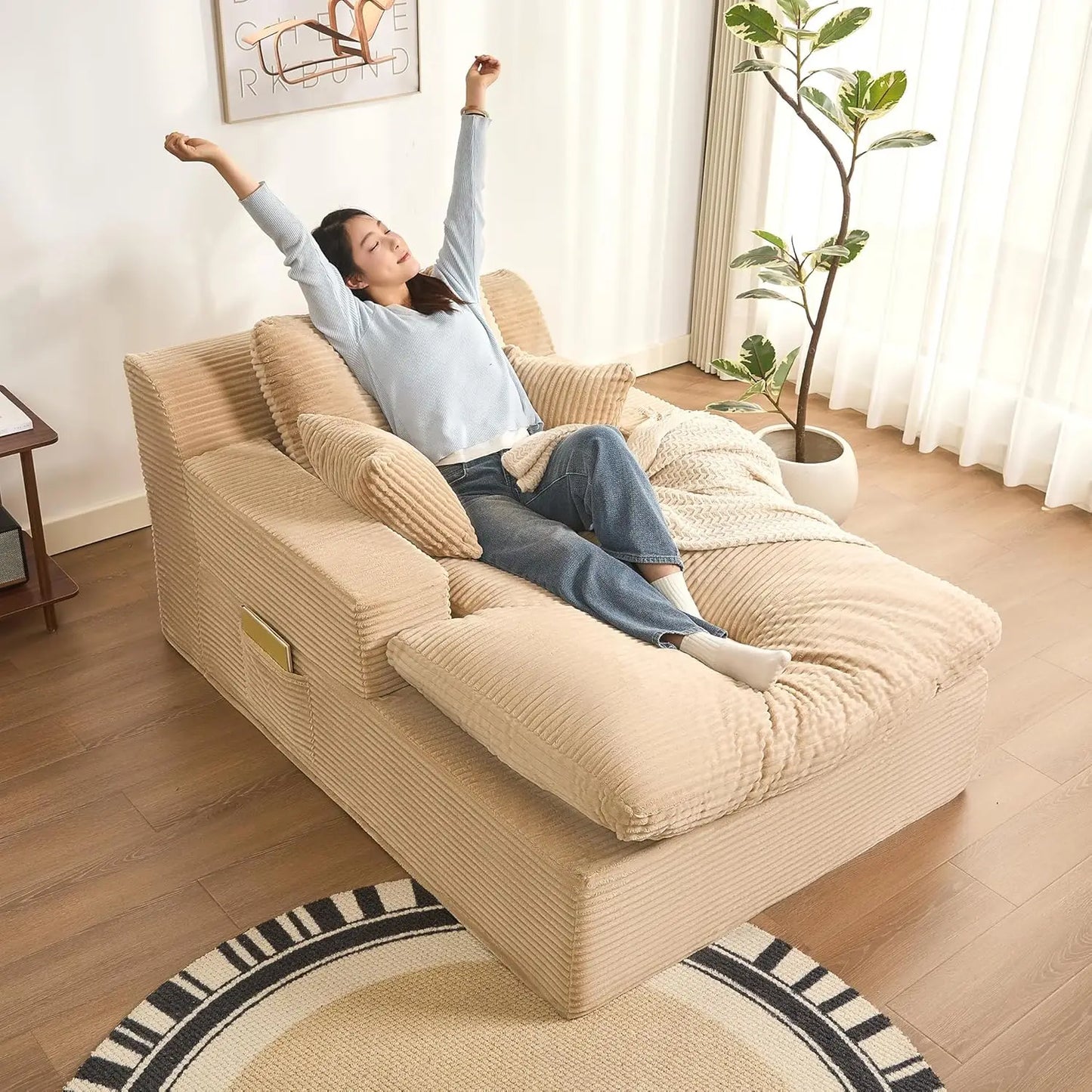 Chaise Lounge Chair Indoor, Extra Cloud Layer, Convertible Sleeper Sofa Couch with Removable Pillows & Side Pockets