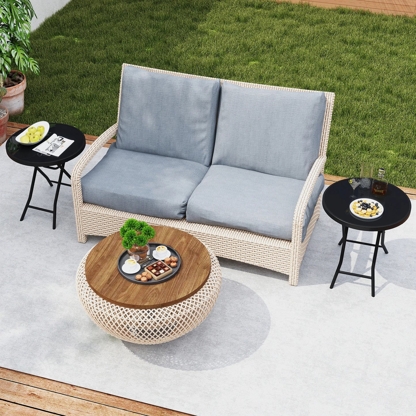 18" Folding Side Table Round Compact Coffee Table w/Tempered Glass Tabletop