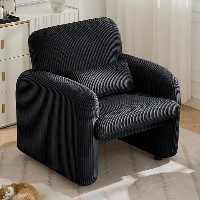 Corduroy Fabric Accent Chair, Modern Upholstered Living Room Chairs with Lumbar Pillow, Wide Comfy Leisure Armchair for Bedroom,