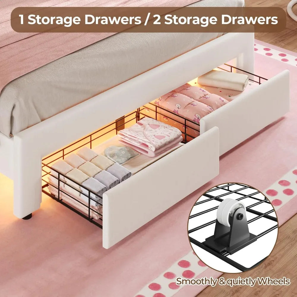 Full Size Girl Bed with 2 Storage Drawers & LED Lights, Upholstered Platform Bed, Adjustable Headboard with Velvet Crystal Butto