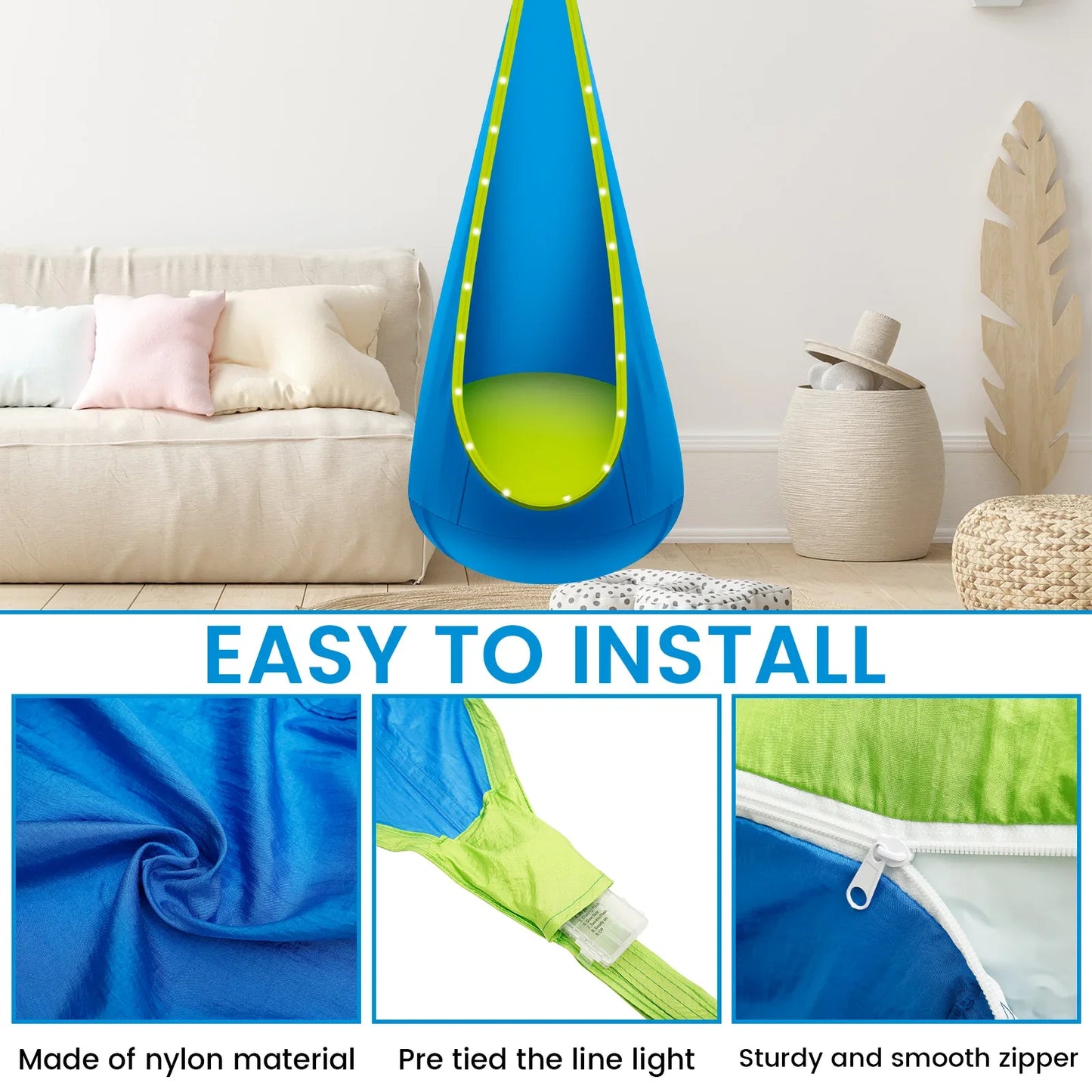 Inflatable Swing Chair Children Hanging Hammock With LED Light Comfortable Adjustable Light up Pod Swing for Indoor and Outdoor