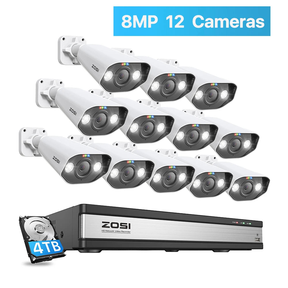 ZOSI 16CH 4K PoE Home Security Camera System 8MP NVR Set Outdoor Indoor Color Night Vision AI IP Camera Video Surveillance Kit