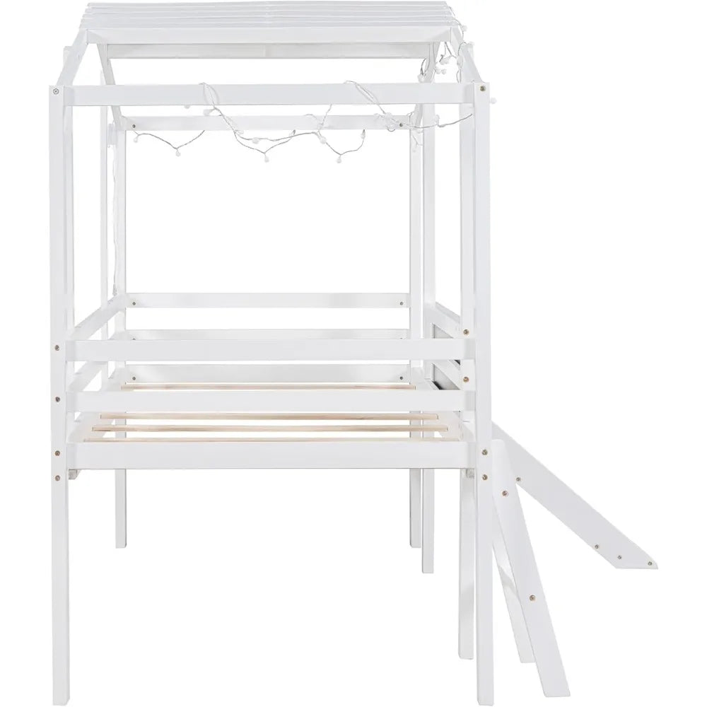 FAROUCHE Loft Bed Twin Size with Slide, Elegant Twin House Bed Frame with Blackboard and Light Strip, Solid Wood Playhouse Bed w