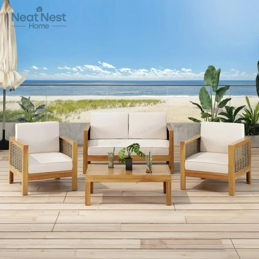 Outdoor Acacia Wood Club Chair with Wicker Accents, Teak Finish ,Mixed Brown,Beige,Patio Furniture Conversation Set for Backyard