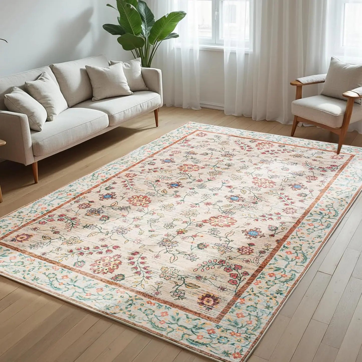 Area Rug Washable Faux Wool Throw Rugs for Living Room,  Non Slip Low Pile Vintage Boho Carpet for Ding Room, Home Office, Bedro