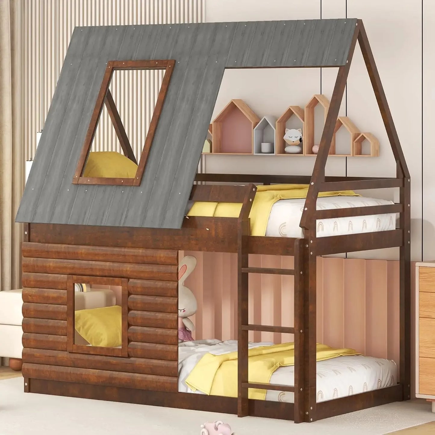 Merax Twin Over Twin House Bunk Bed Frame with Roof,Window,Ladder and Slide for Boys Girls, White & Brown
