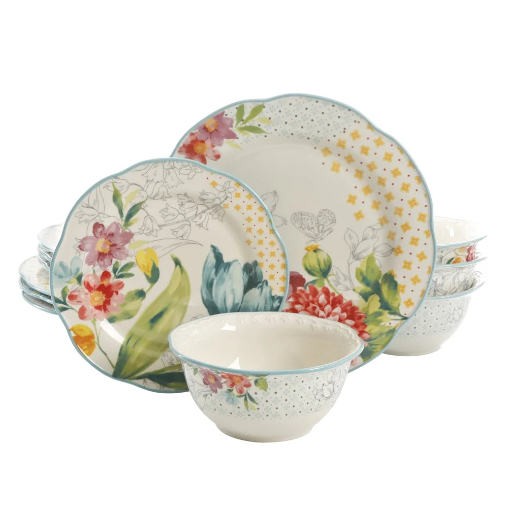 Blooming Bouquet 12-Piece Dinnerware Set Stoneware Plates Bowls Dishwasher Safe Floral Pattern Everyday Dining Table Setting