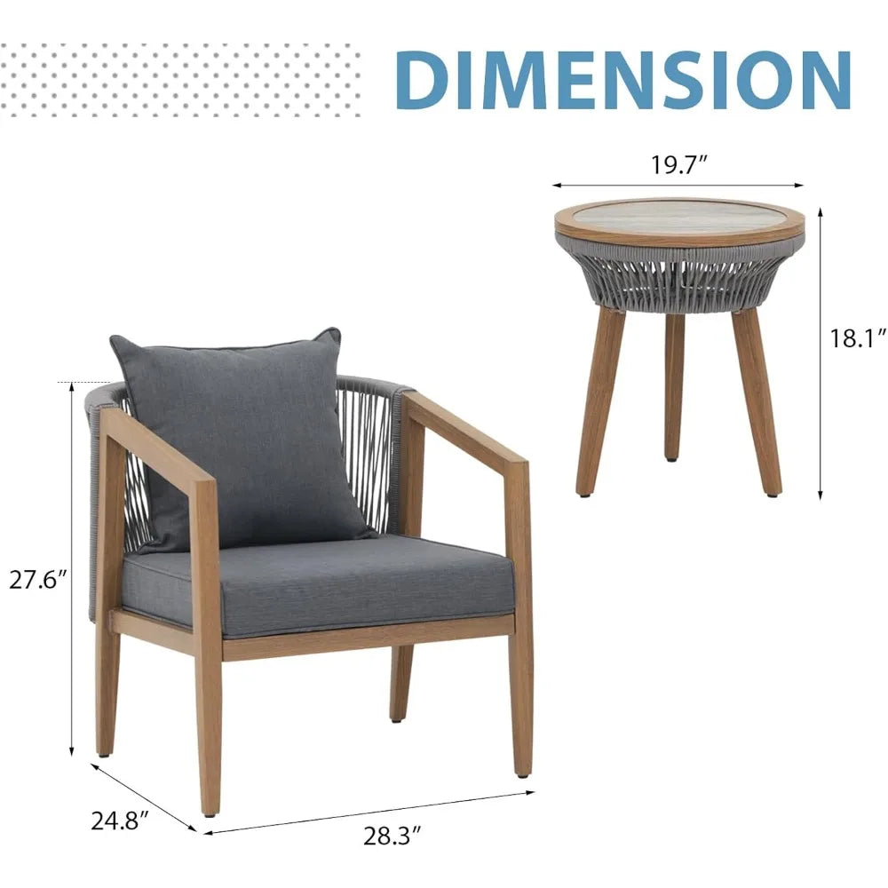 Aluminum Outdoor Patio Furniture Set, 3 Pieces Outdoor Bistro Set with Wood Grain Finish, Rope Patio Sofa Set for 2 with