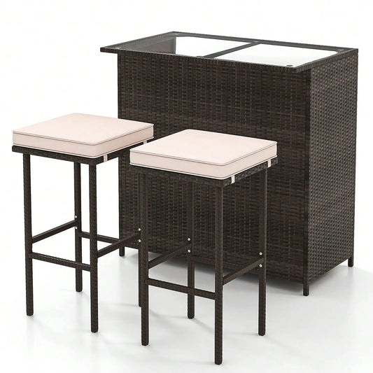 3 Pieces Patio Bar Set PE Wicker Outdoor Bar Table & Stools Set w/ Removable