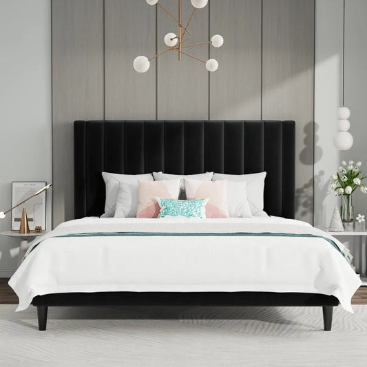 SHA CERLIN Queen Bed Frame/Velvet Upholstered Platform Bed Frame Headboard Strong Wood Slats Support/Mattress Foundation Black