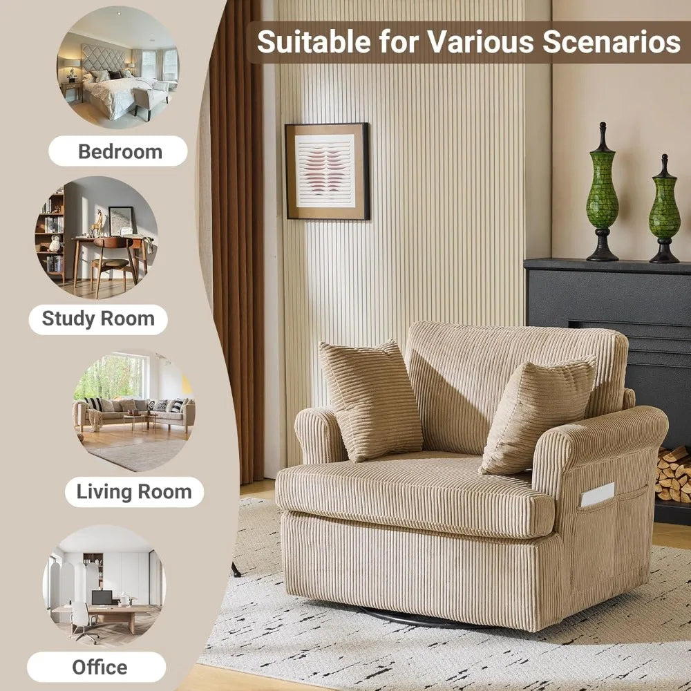 39" Swivel Accent Chair,Oversized Seat Armchair W/2 Pillows and 4 Pockets,Modern Upholstered Corduroy Barrel Chairs,Comfy