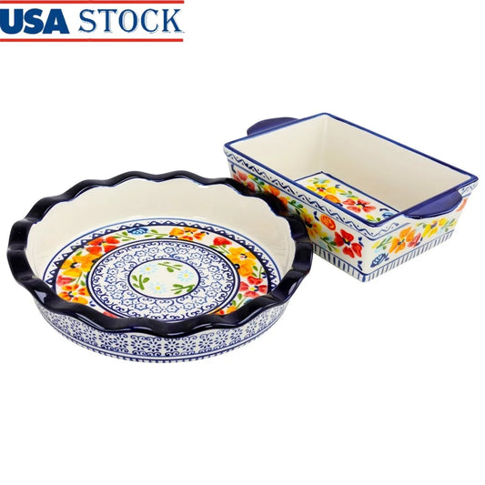 Stoneware Bakeware Set Ruffle Top Pie Plate and Versatile Baking Dish Baking Serving Storing Dishwasher Safe High Temperature