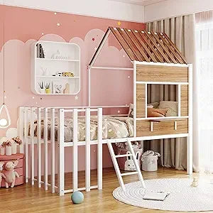 Twin Over Twin House Bunk Bed for Kids, Wood Bunk Bed Frame with Window Roof Design and Guardrail, Montessori Floor Bunk Bed Fra