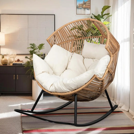 Wicker Egg Rocking Chair with Cushion for Outdoor Relaxation