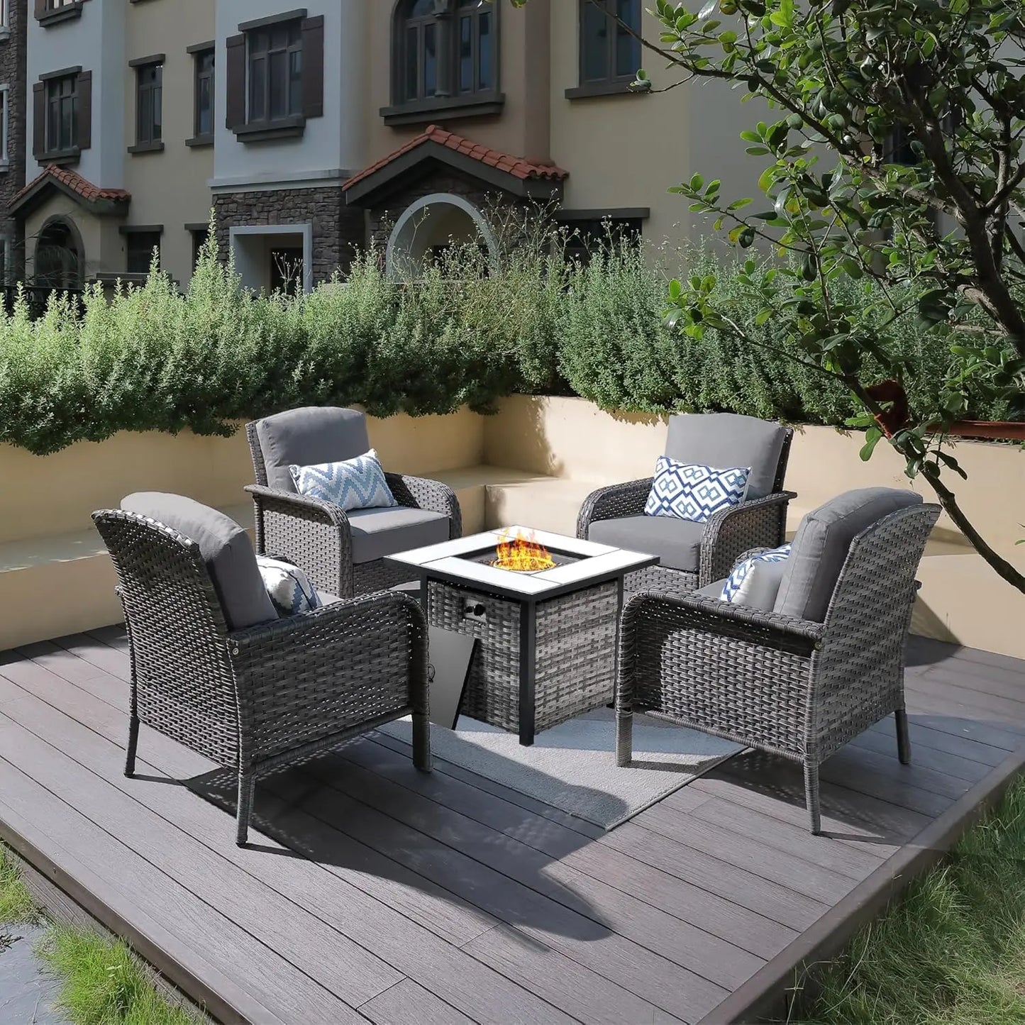 4 Pieces Patio Furniture Set with 30" Fire Pit Table, Outdoor Wicker Chairs of 4, All Weather High Back Rattan Chairs 4-Seater w