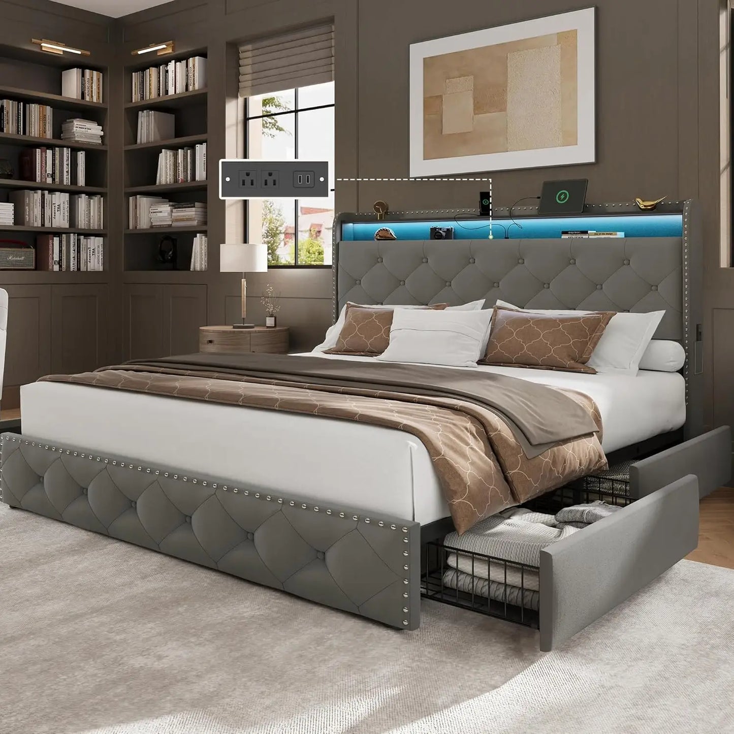 HUANZHUANG Bed Frame With 4 Storage Drawers And USB