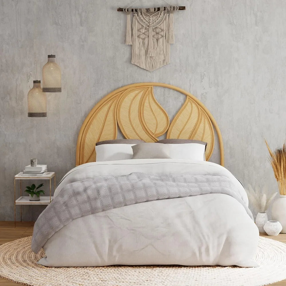 Palm Springs Rattan Headboard for Queen Size Beds Natural Boho Style with Intricate Palm Leaf Pattern and Arch Perfect for Coas