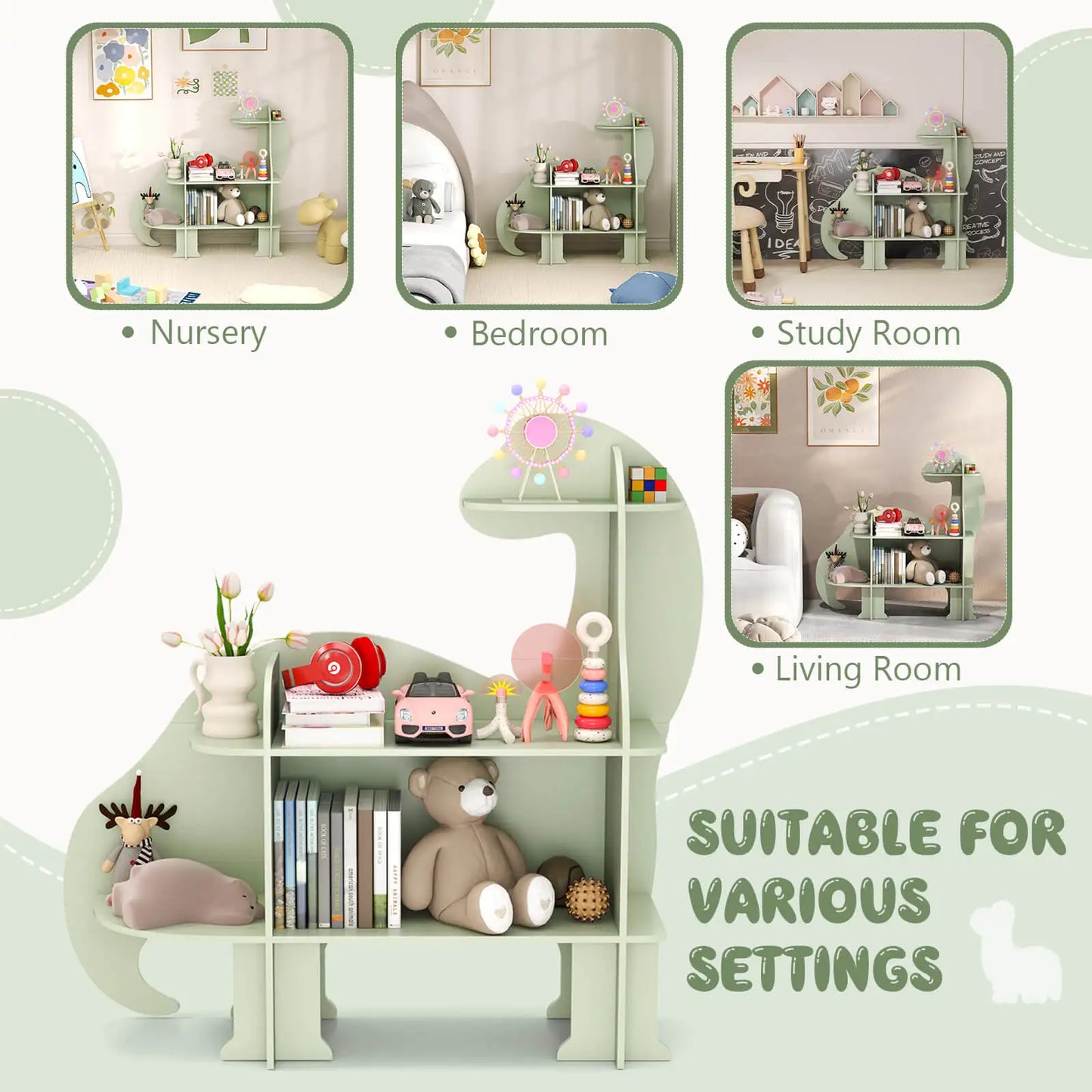 3-Tier Dinosaur Kids Bookshelf Toy Storage Organizer Montessori Book Shelf