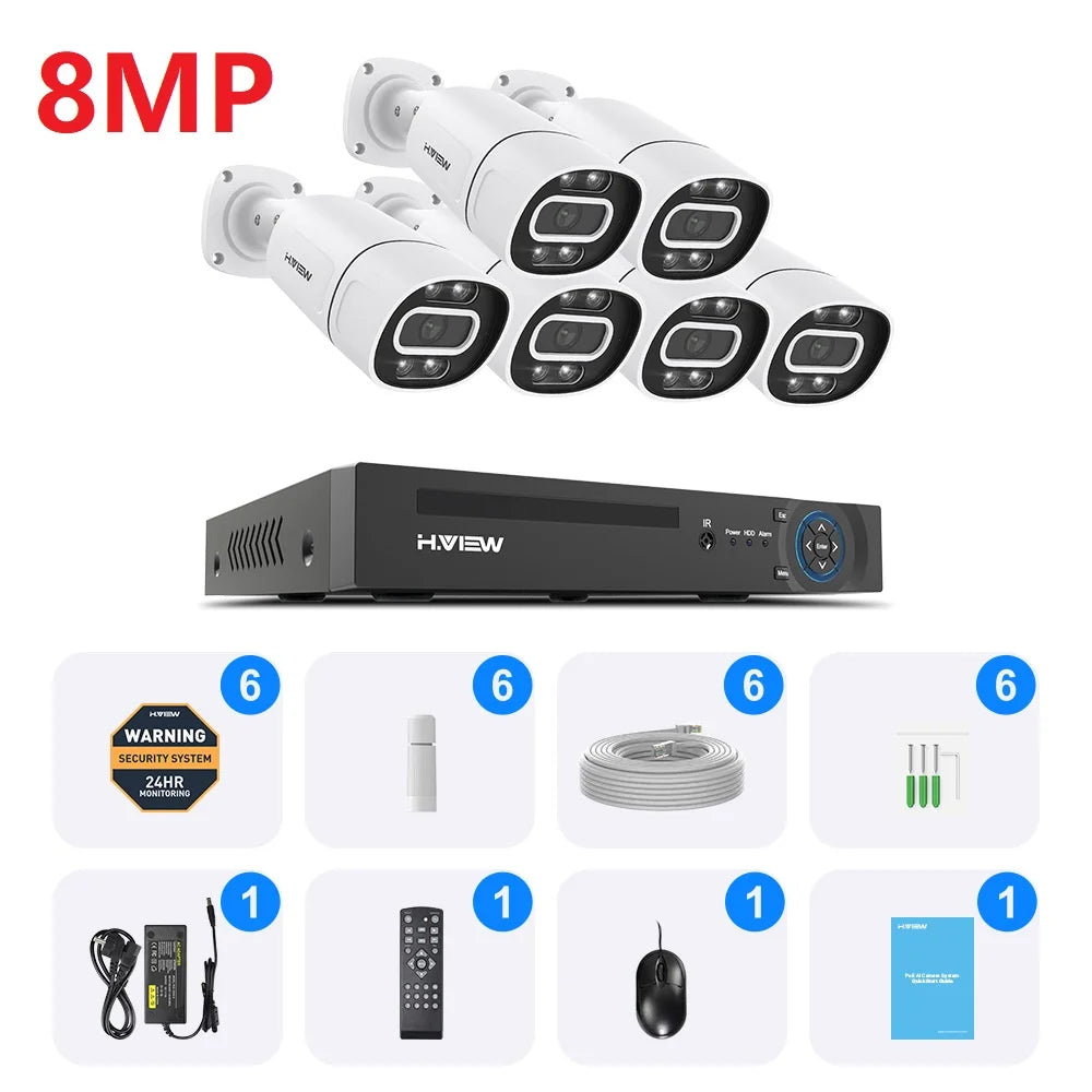 H.View 4K 5Mp 8Mp poe Cctv Security Camera System Home Video Surveillance Kit 8Ch Nvr Audio Outdoor Ip Camera xmeye app