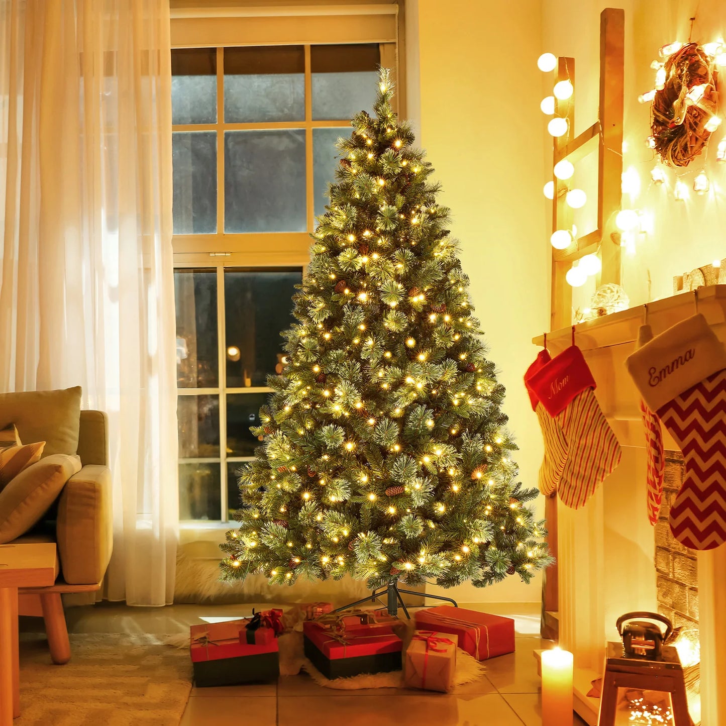 "6ft Auto Tree Structure, PE/PVC, 500 Warm Lights, 9 Modes, Remote Control, 900 Branches with Pine Needles, Green Christmas Tree