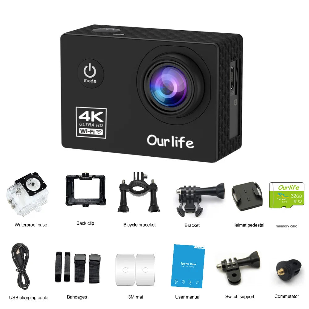 OURLIFE Action Camera 4K Ultra HD 16MP Waterproof 30M