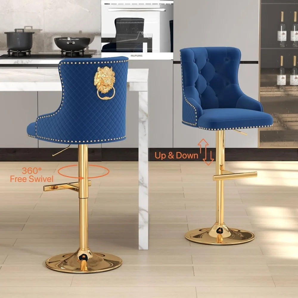 Bar Stools Set of 2, Golden Base Counter Height Stools with Footrest, Velvet Adjustable Swivel Kitchen Island Chair with Uphols