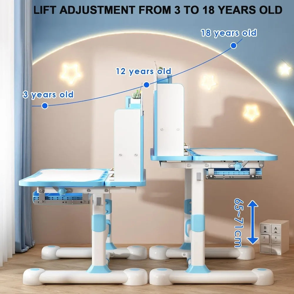 Kids Functional Desk and Chair Set, Ergonomic Height Adjustable Children School Study Desk with Tilt Desktop, Book Stand, Metal