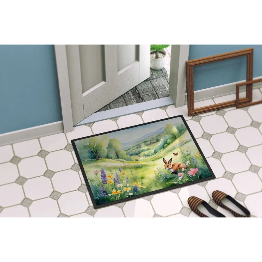 Rabbit Springtime Meadow Doormat Front Door Mat Indoor Outdoor Rugs for Entryway Non Slip Washable Low Pile 24H X 36W